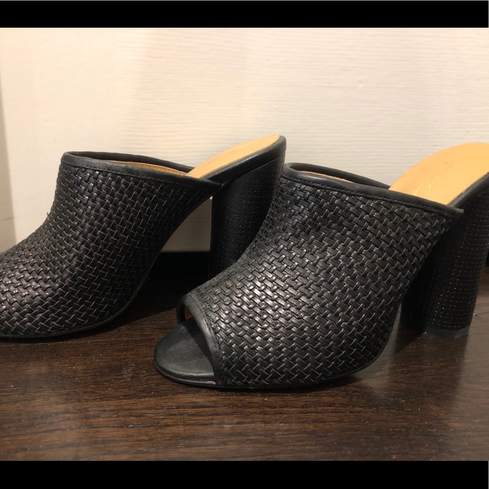 Black woven leather heel mule sandals, sz 8
